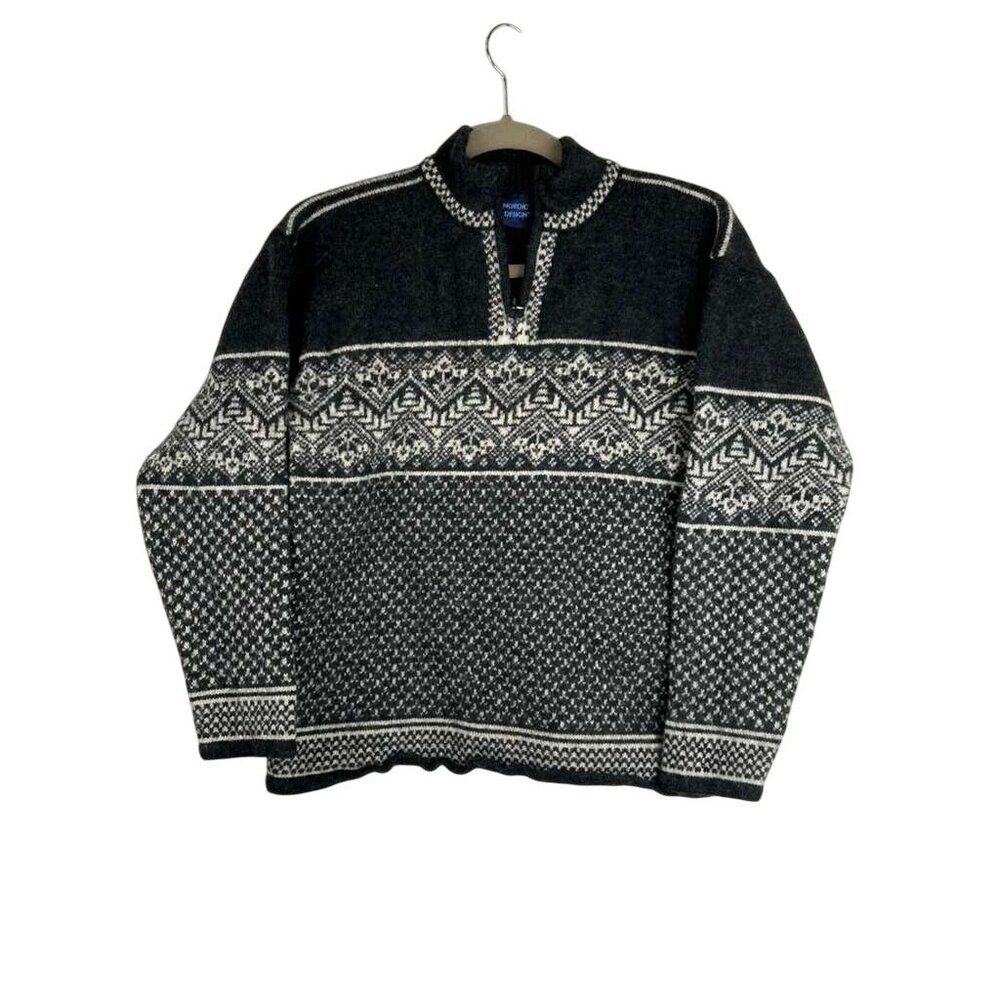 Nordic Design Women's Medium 100% Wool Sweater Black/White 1/4 Zip Mock Neck